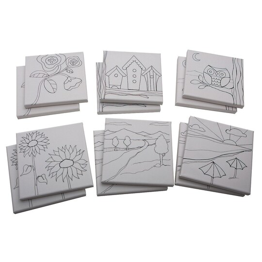 S & S Worldwide Paint-Your-Own Designer Canvas Set II, 2 each of 6 Pre-Printed Designs, Great For Kids & Adults, DIY Ready To Paint, 6-1/2" x 6-1/2" Stretched Canvas. Pack of 12.